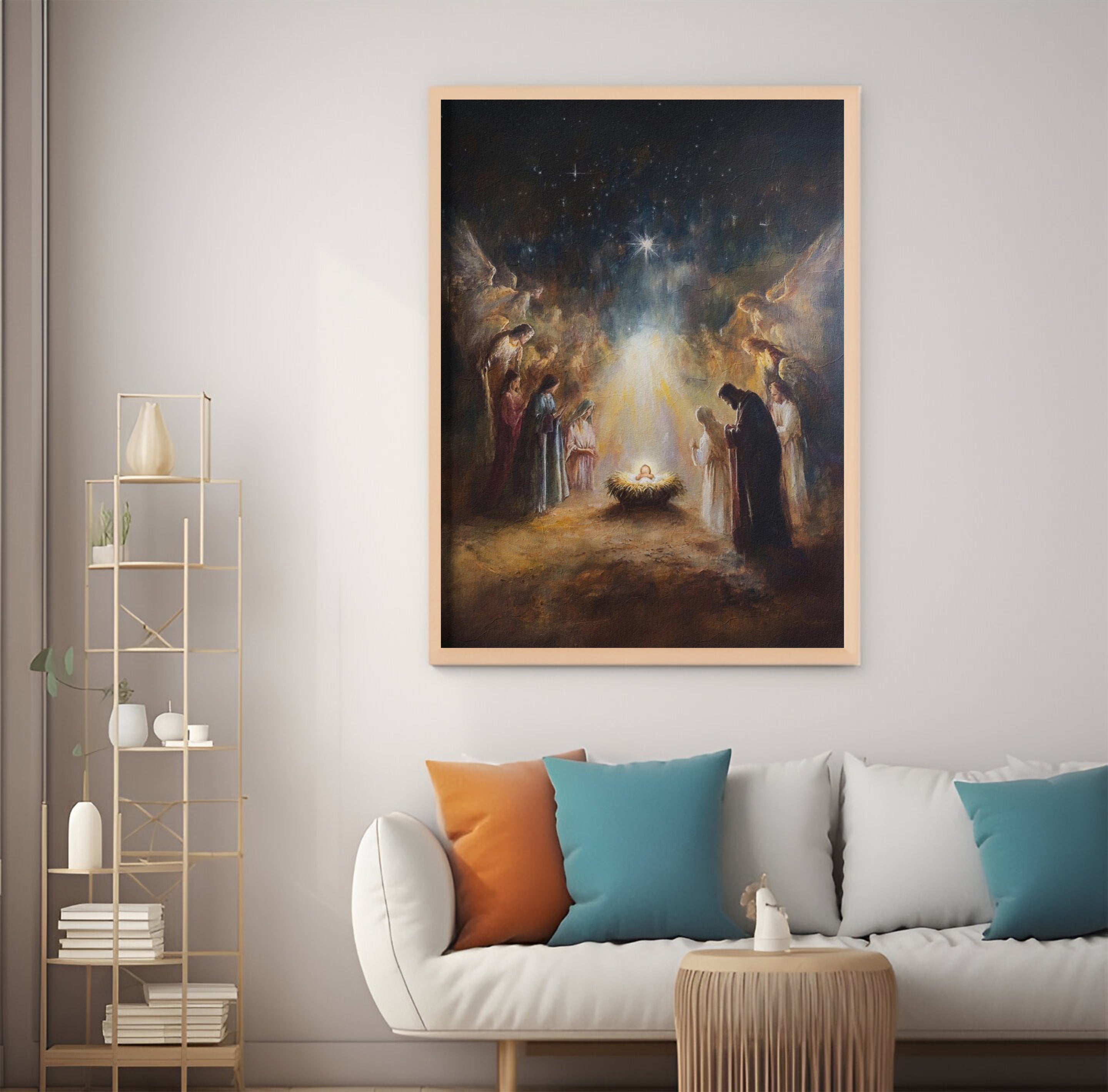 Nativity Poster Wall Art, Christian Christmas Decor, Holy Night Manger Scene Print, Religious Jesus Birth Artwork, Bethlehem Star Canvas